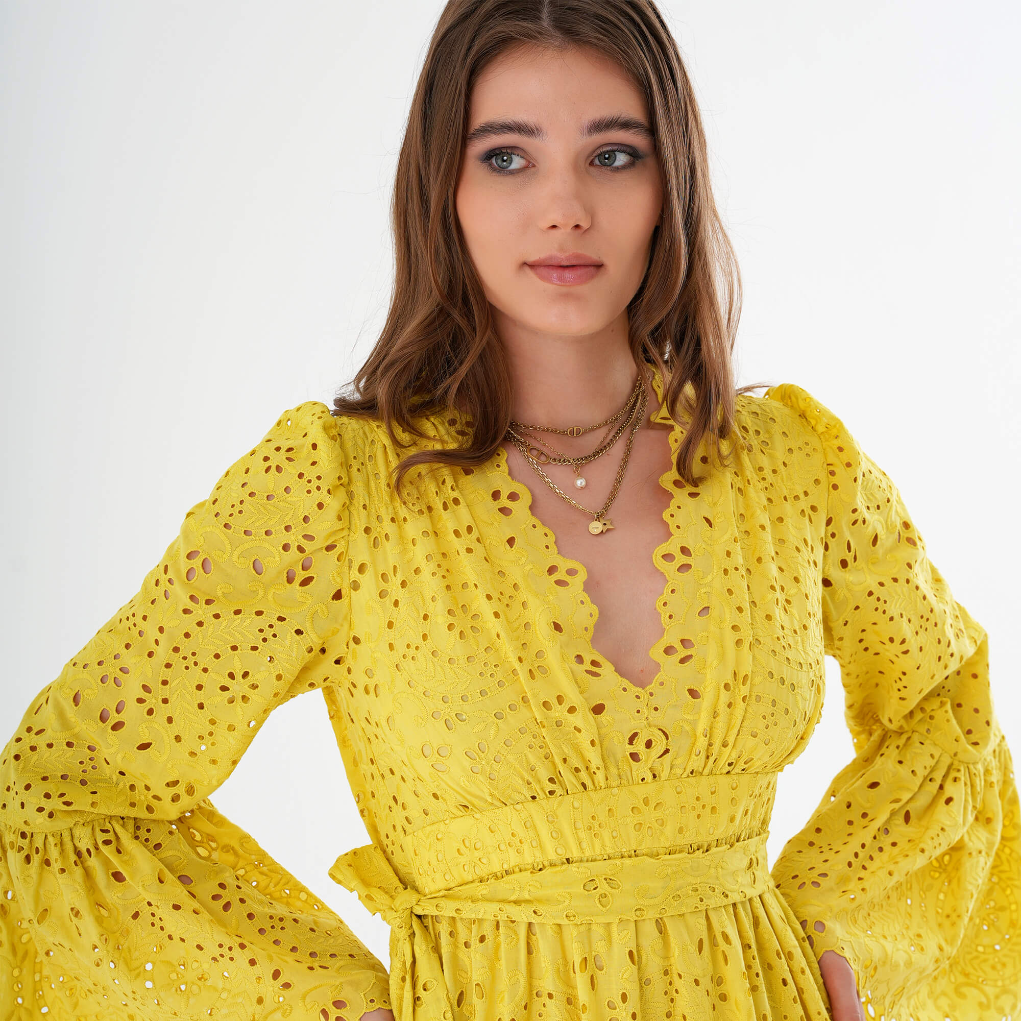 Elie Saab - Yellow Cotton Blend Embroidered Long Dress IT40